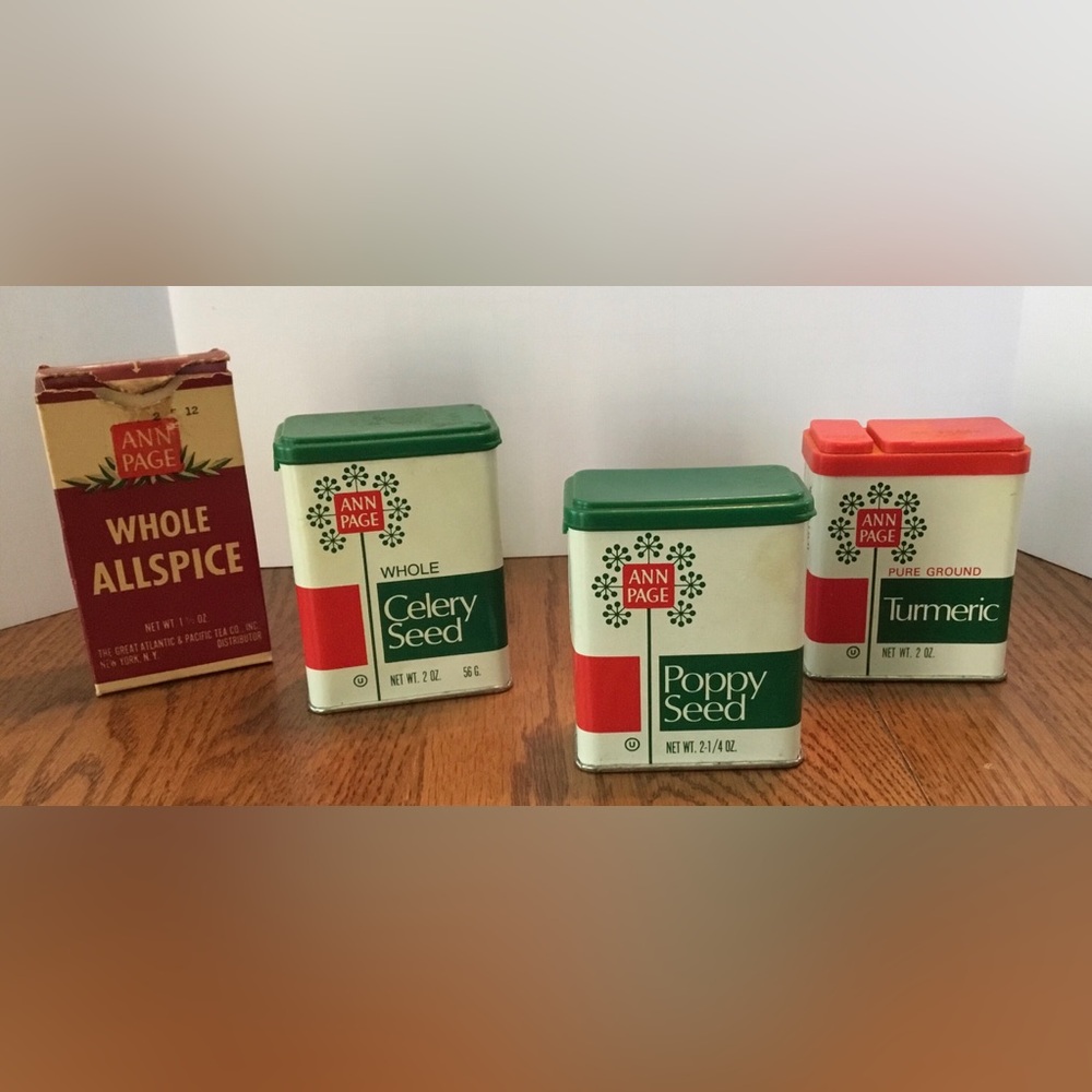 Vintage Ann Page Spice tins, Poppy Seed, Celery Seed, Tumeric and Allspice Box